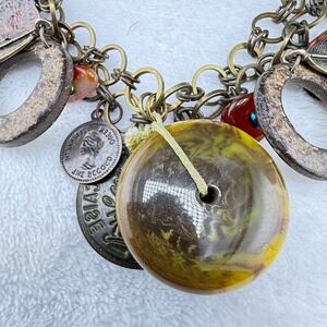Coin Charm Necklace Bronze Resin Wood Boho Statement 21in
